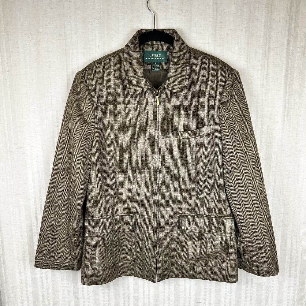 Ralph Lauren Herringbone Black Olive Green 100% Wool Zip Blazer Size 12